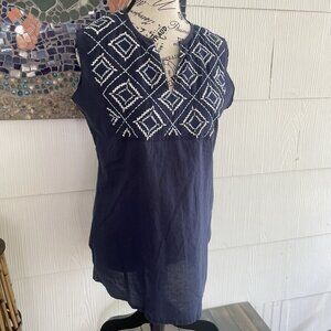 Madison Matthews Hand Embroidered Blue & White Cotton Tunic Top Size Small (Z5)